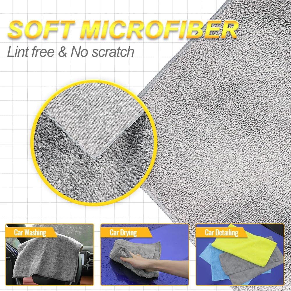 Microfiber Car Wash Cleaning Towel for Clean Car, Extra Soft,Reusable and Durable,Absorbent, Lints-Free,Interior Micro Fiber Rags,16in x 16in - 6 Packs Grey