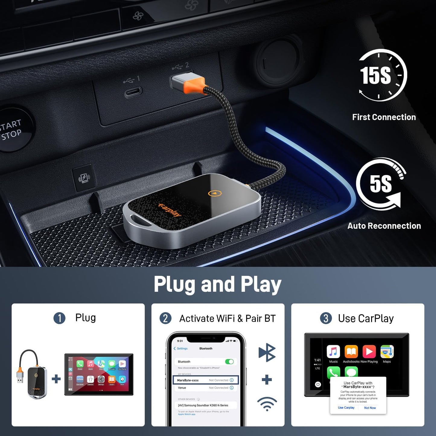Wireless CarPlay Adapter for iPhone, 5.8GHz Carplay Wireless Adapter Converts Wired to Wireless, Plug & Play, No Latency, Fast Stable Connect to iOS 10+, Fit for Cars from 2015