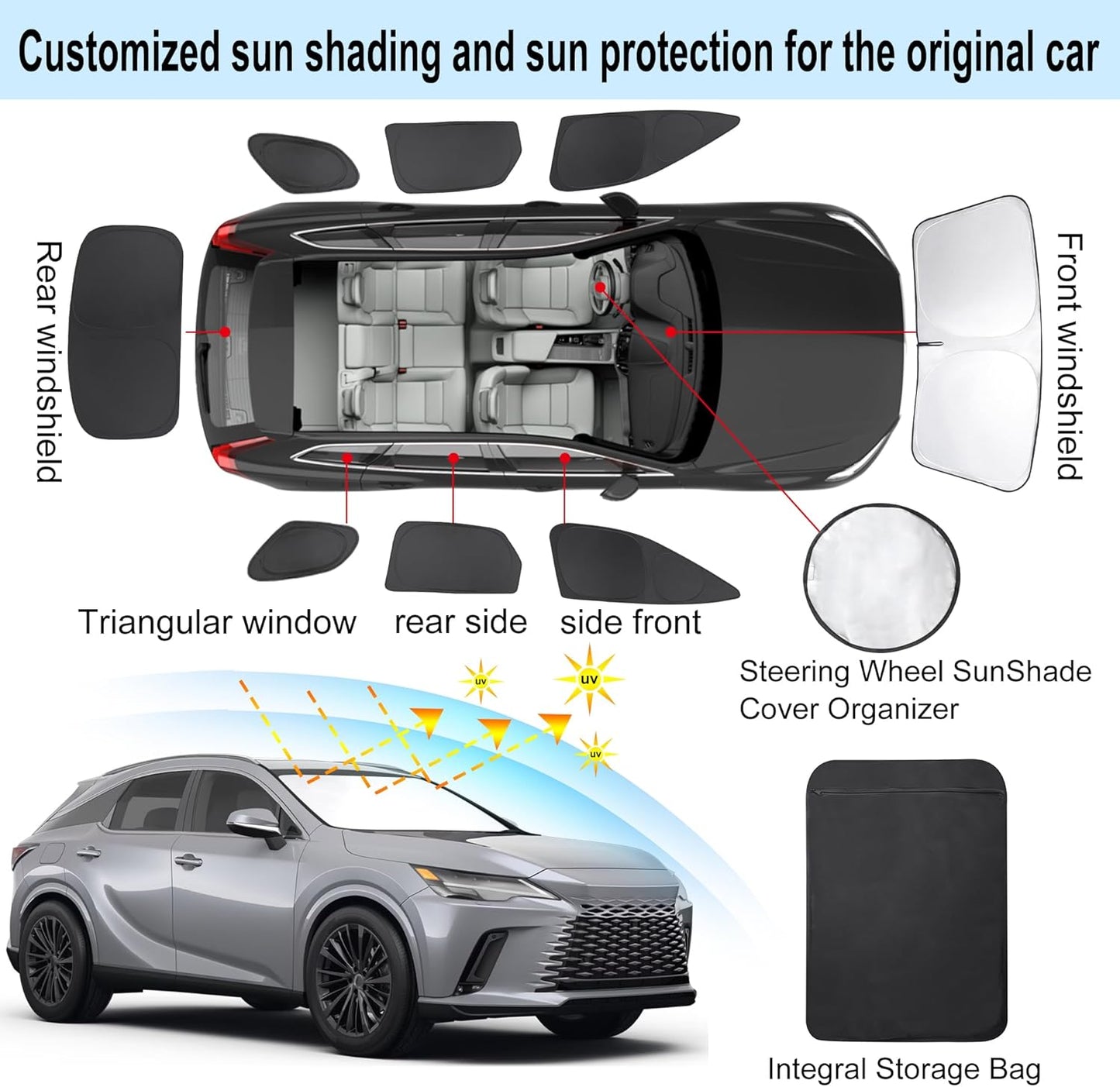 TINGLU Window Shades for Lexus RX 2023 2024 2025 Accessories Car Side Full Windows Rear Triangular Windshield Sun Shade Sun UV Rays & Privacy Protection for Camping,Napping,and Relaxing 8PCS