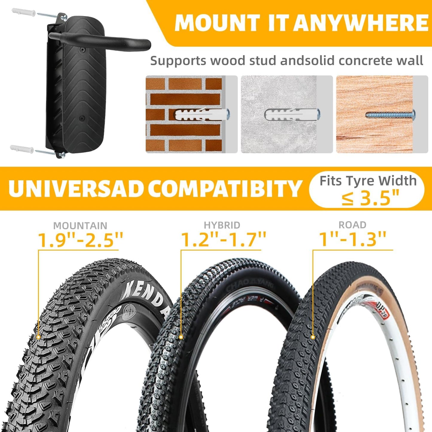 Bike Rack Wall Mount, Garage Wall Bike Rack, Vertical Bike Rack Holds Up to 66lbs, Garage Space Saving Sturdy Wall Bike Rack,Bike Hanger for MTB, Road, eBike, Easy to Install