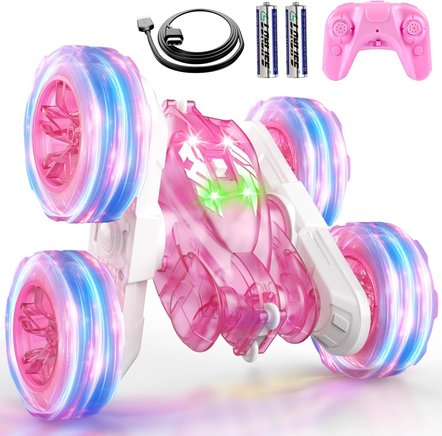 Pink Remote Control Car for Girls Rechargeable Fast Direct Charging RC Cars for Kids with Colorful Light,Double-Sided 360° Rotating RC Stunt Car 4WD RC Car Toys for Ages 5-7 Gift for Girls Aged 6-12