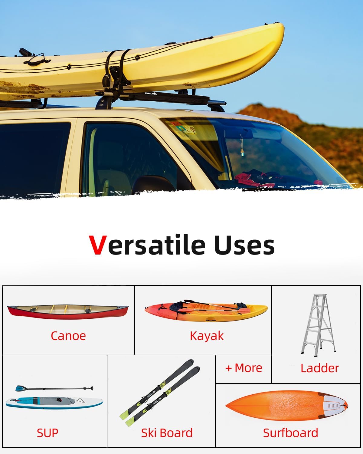 Abahub Soft Roof Rack Pads with 2 Tie Down Straps, 2 Tie Down Ropes, 2 Hood Loops and Storage Bag, for Surfboard, Kayak, Canoe, Heavy Duty Universal Car Roof Racks System (Use with Cross Bar)