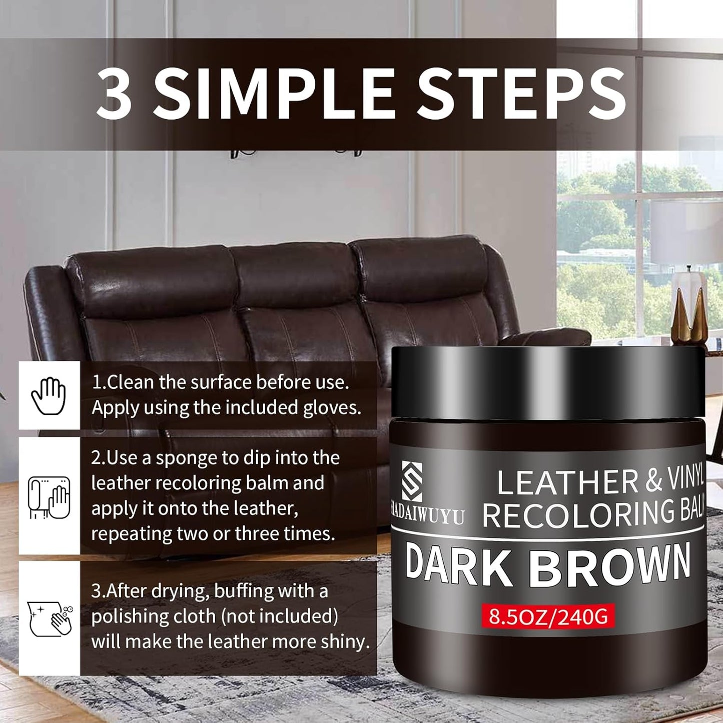 Leather Recoloring Balm,8.5oz Leather Color Restorer,Dark Brown Leather Repair kit for Furniture and Car Interior,Leather Couch Scratch Repair,Leather Dye Paint for Faded,Cracked and Damaged Leather