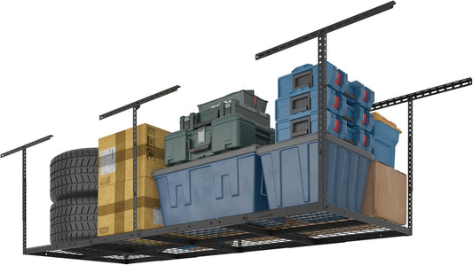 FLEXIMOUNTS 3x8 Overhead Garage Ceiling Storage Rack, Adjustable Garage Organization System, Heavy Duty Metal, 600lbs Weight Capacity, Black