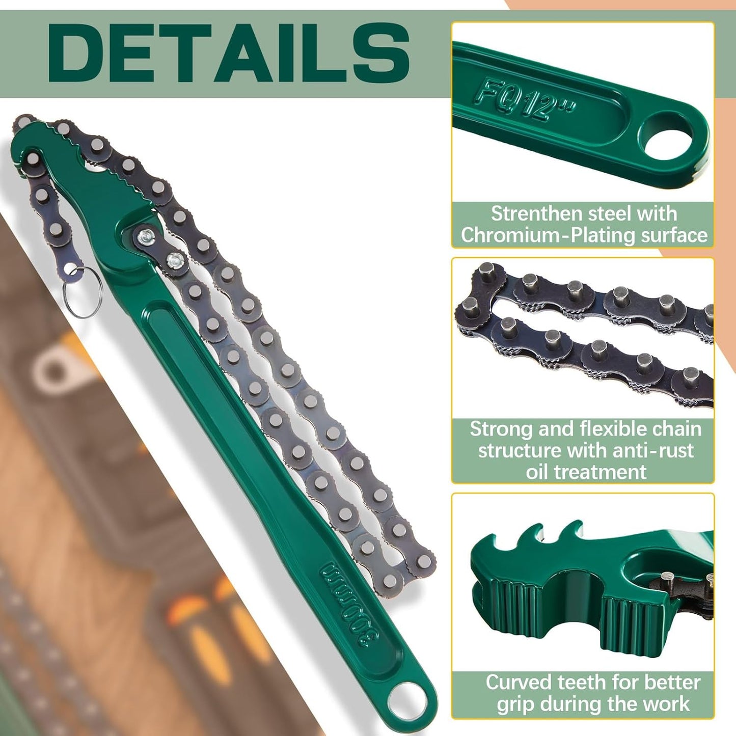 Lasnten 3 Pcs Large Reversible Chain Oil Filter Wrench with 12 16 9 Inch Chain Wrench Adjustable Heavy Duty Carbon Steel Sturdy Pipe Fitting Tool Spanner for Ratcheting Universal(Green)