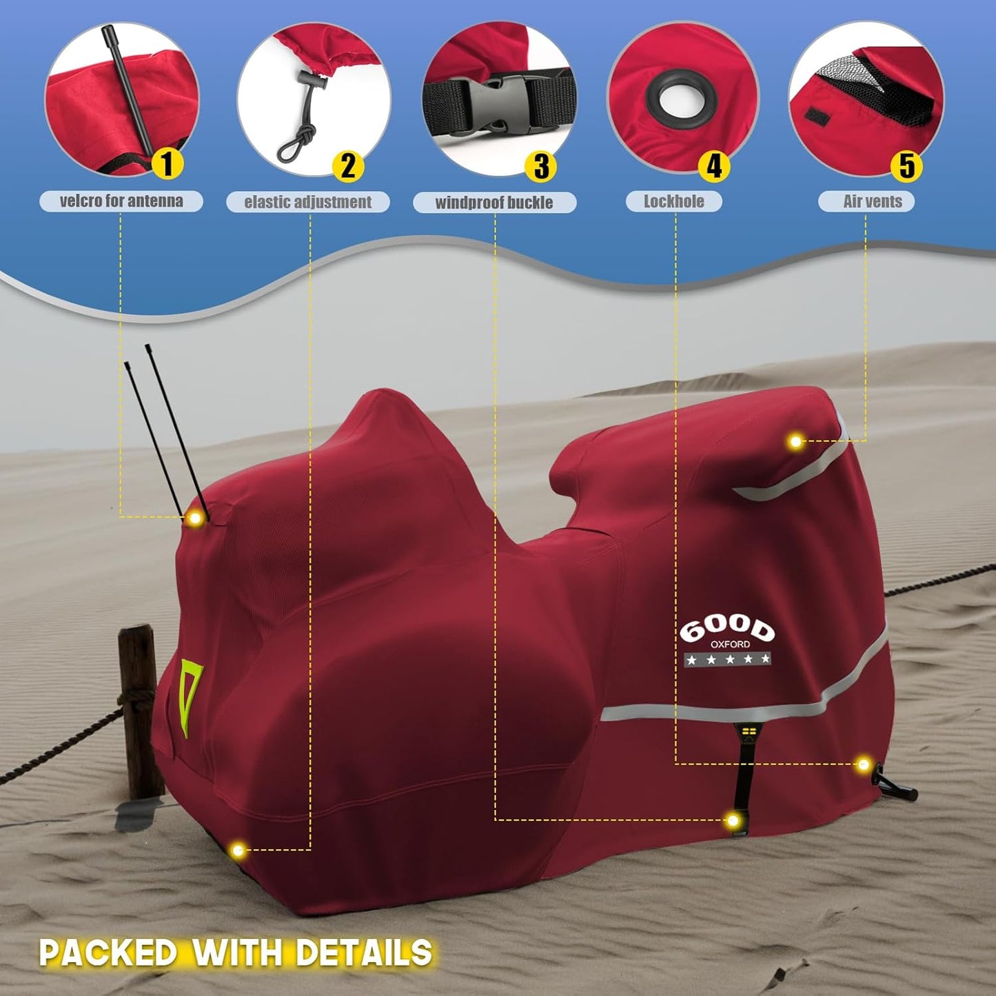 Rosefray Motorcycle Cover with Side+Top Box Heavy Duty 600D Waterproof for Touring Models Harley Davidson Ultra Limited,Road Glide Limited, Gold Wing,Road Master,Indoor & Outdoor Storage Red