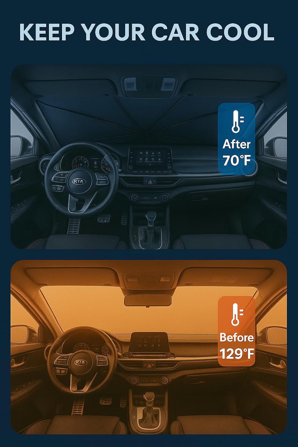 Proadsy Windshield Sun Shade Umbrella for Kia Forte 2019-2025 Foldable Car Umbrella Sunshade with Soft TPU Handle Spring Structure Crystal Cooling Material Protect Car from Rays & Heat