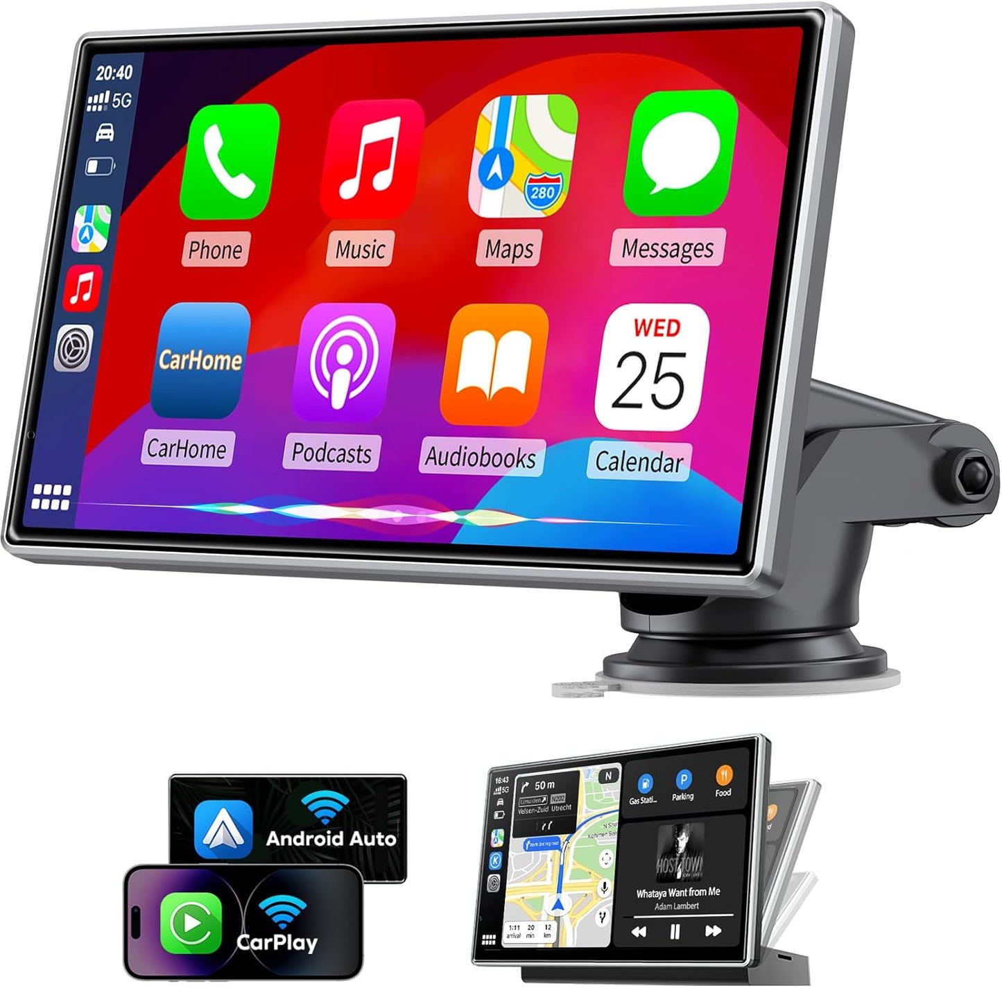 Upgrade Wireless Carplay Screen, Android Auto, Portable 7" HD IPS Screen for Car, GPS Navigation, Bluetooth Handsfree, AirPlay, MirrorCast, AUX/FM Transmitter Fit Most Car Models