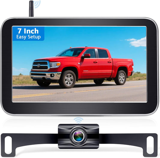 Wireless Backup Camera for Trucks - 7 Inch Monitor, HD 1080P, Color Night Vision, 2 Channels, IP69 Waterproof Backup Camera for Pickups, Cars - Easy Install for Towing & Parking