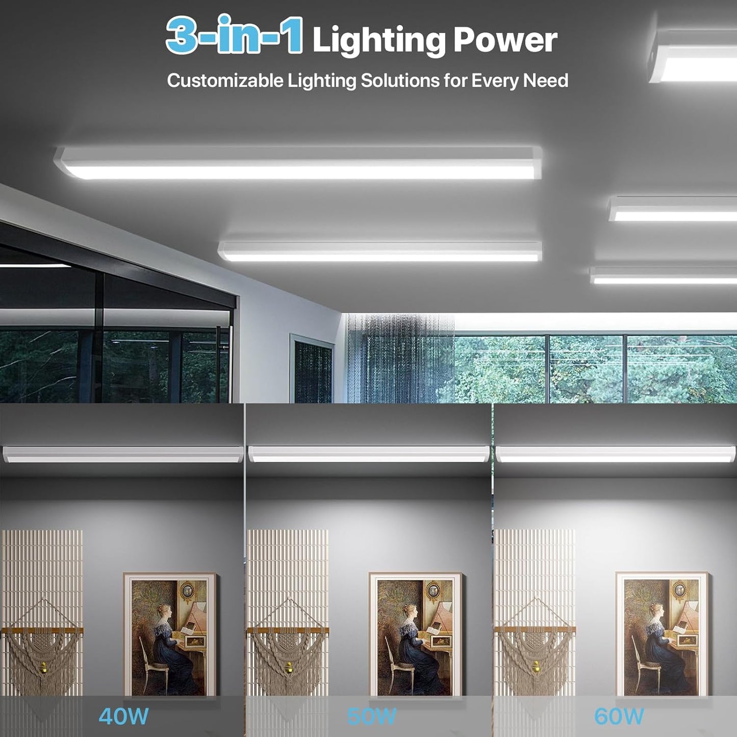 HYPERLITE 60W LED Wraparound Light 4 feet,6600LM LED Shop Lights Fixture with 3 Wattages for Garage,4000K Neutral White Wrap Light AC120V, 48inch Led Fixtures for for Garage, Office, Kitchen,6P