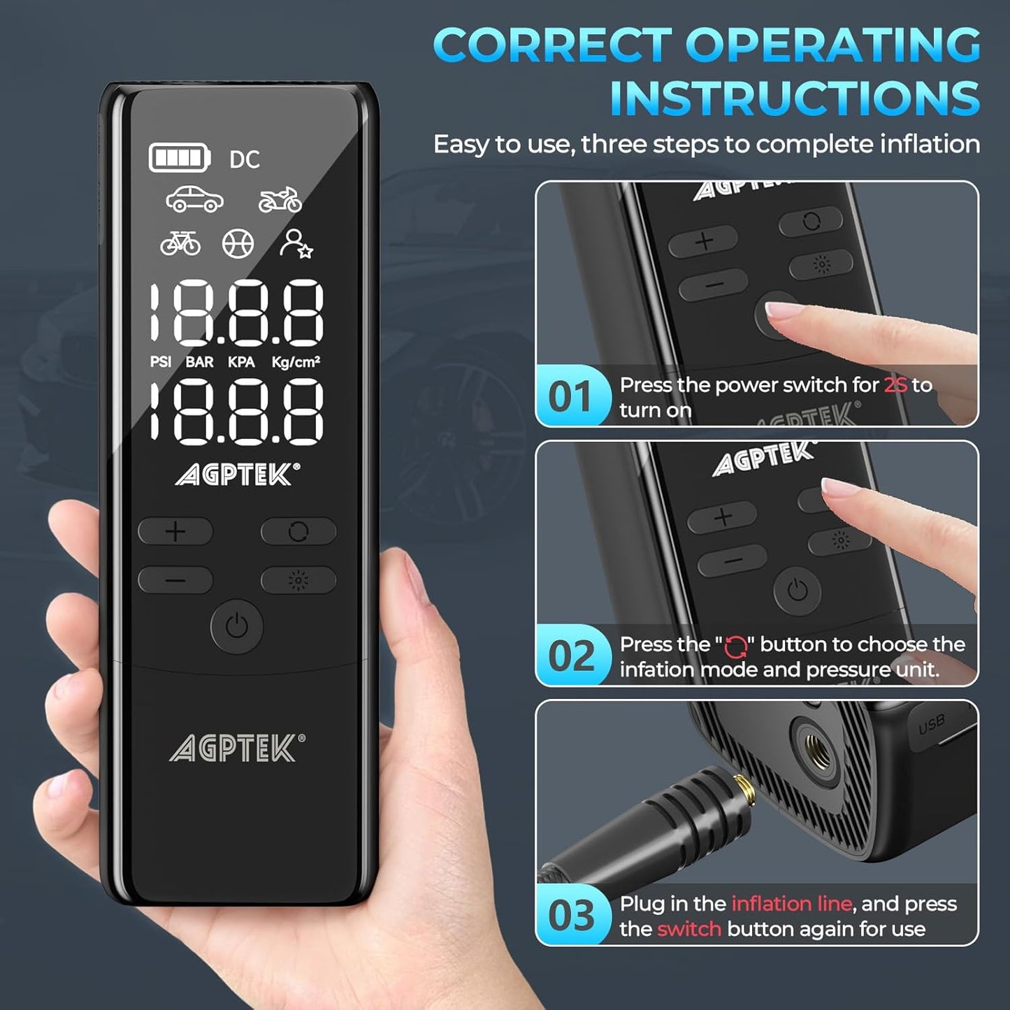 AGPTEK Tire Inflator Portable Air Compressor-150PSI & 5000mAh Tire Pressure Gauge Electric Air Pump,LCD Display with LED Light for Cars, Bikes & Motorcycle Tires, Balls