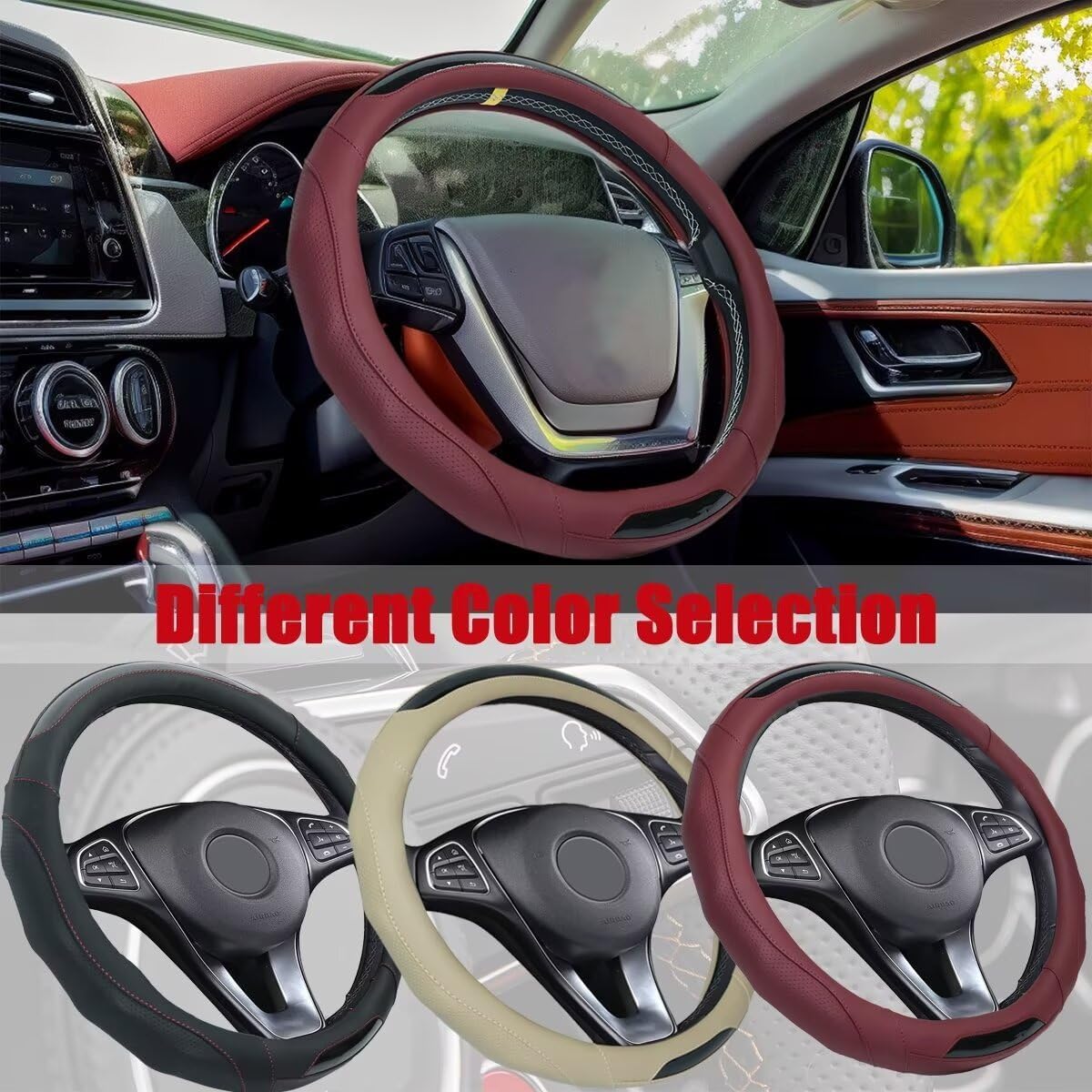 Car Steering Wheel Cover with Cup Coasters, Universal 15 inch Leather Carbon Fiber Steering Wheel Covers Comfort Grip Breathable Anti-Slip Steering Wheel Accessories for SUV Truck Van Auto - Black