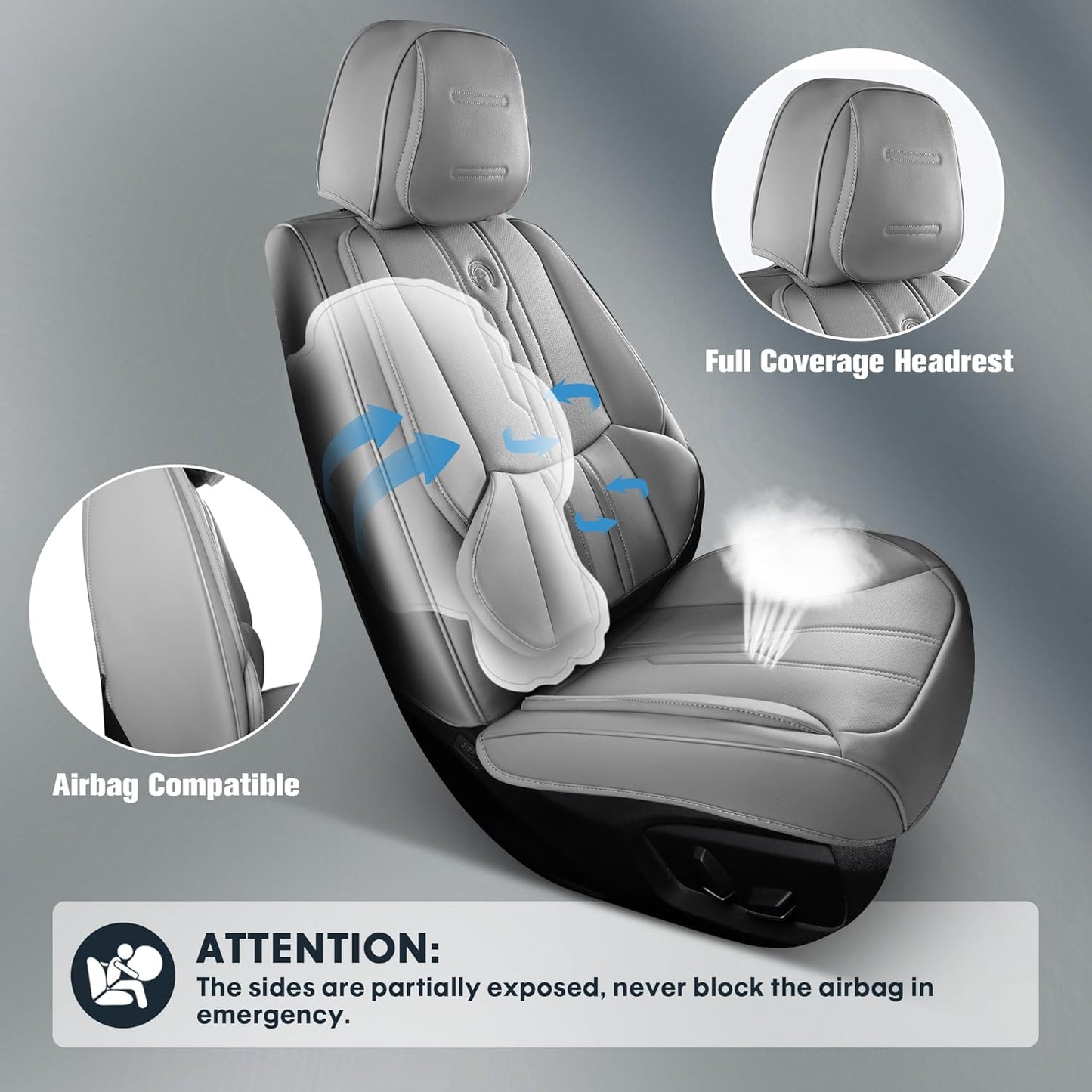 AOOG Car Seat Covers Full Set, Leather Seat Covers for Car, Waterproof Car Seat Protector with Lumbar Support, Automotive Seat Covers Universal Fit for Most Cars SUV Trucks (Full Set, Grey)