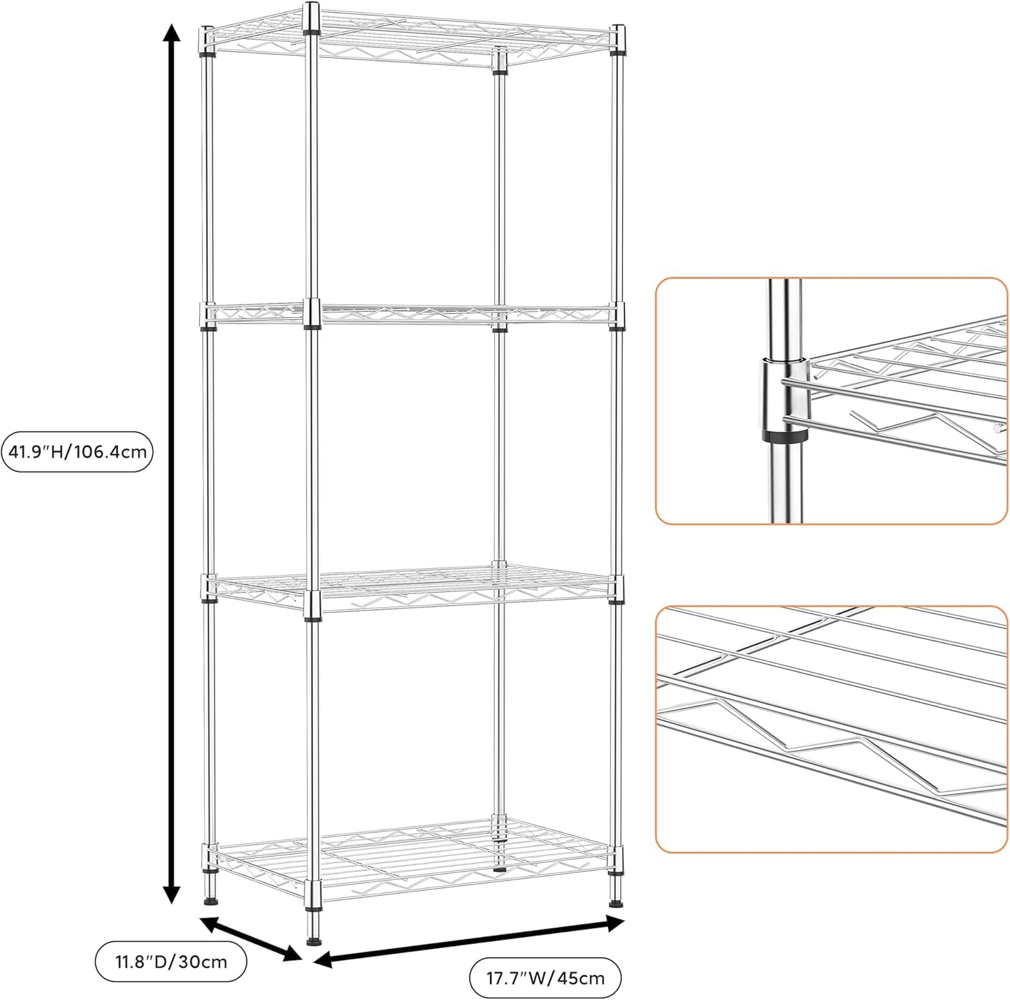 4 Tiers Shelf Metal Storage Shelves Wire Rack Closet Organizers with Wheel for Garage Kitchen Bathroom Laundry Chrome 11.8" D x 17.7" W x 41.9" H