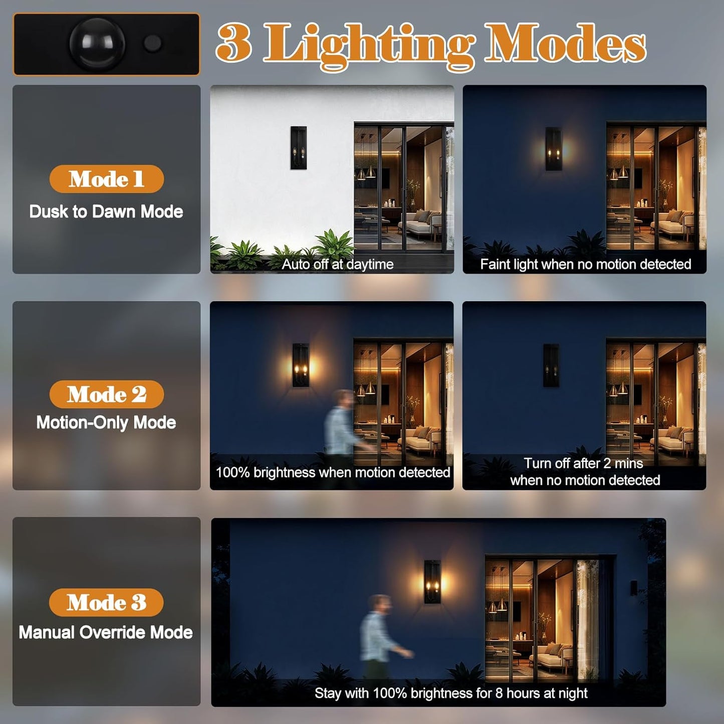 Black Motion Sensor Outdoor Lights 2-Light, 16” Modern Dusk to Dawn Sensor Lights for Outside 2 Pack, Exterior Wall Mount Porch Lanterns Waterproof Outside House Lamps for Garage Yard E12