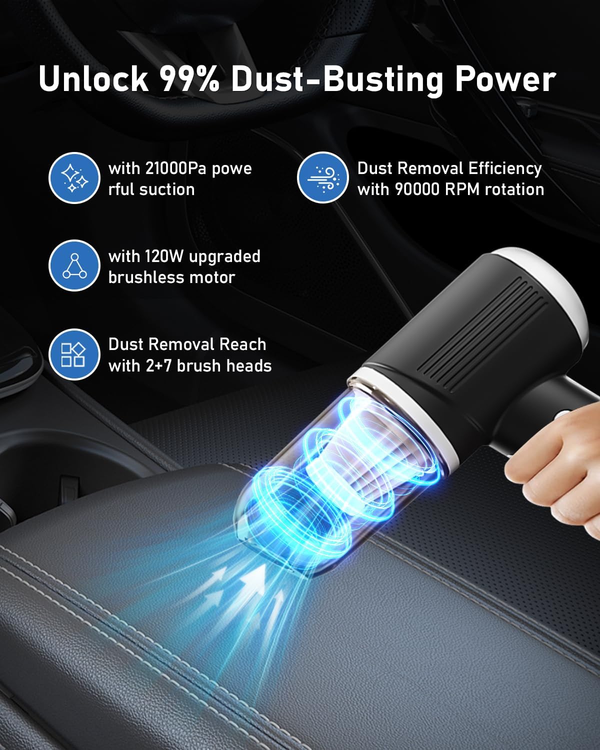 BENJEN Portable Vacuum Cleaner for Car, Cordless Handheld Car Vacuum 16000PA High Power with Brushless Motor, Two Batteries Long Endurance, Mini Vacuum Cleaner for Home, Office, Pet