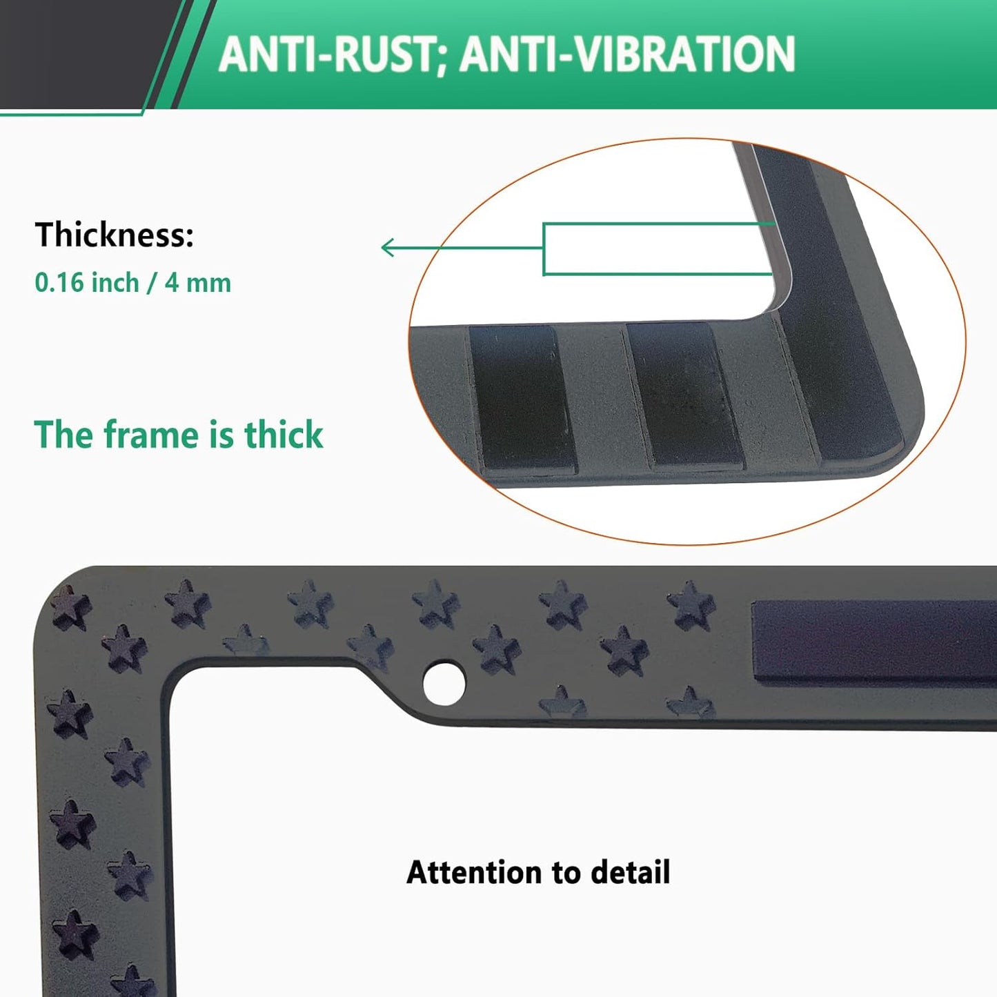 Black American Flag License Plate Frame- Front Rear Patriotic USA ‌Car Tag Frames, 2 Pack 4 Hole Subdued 3D Embossed Stars and Stripes Plastic Holder with Mounting Hardware Kit