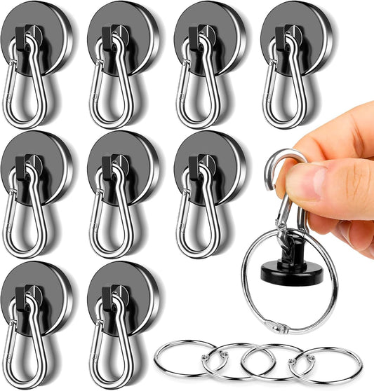 MIKEDE Magnetic Hooks Heavy Duty, 70LBS Strong Magnetic Hooks with Carabiner Hooks, Neodymium Black Magnets with Swivel Hooks Great for Hanging, Kitchen, Grill, Locker or Cruise Cabin - 10 Pack