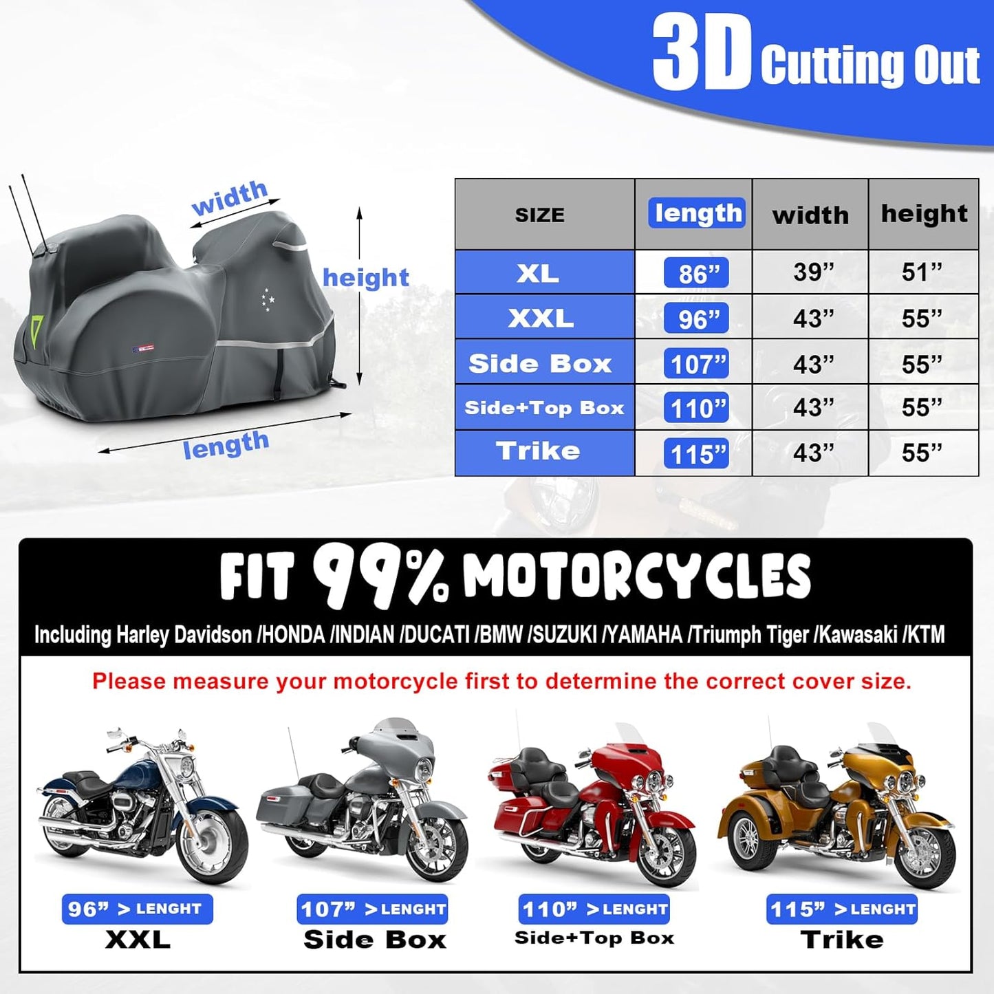 Motorcycle Cover with Side+Top Box LI LIBZAKI Heavy Duty 600D Waterproof for Touring Models Harley Davidson Ultra Limited,Road Glide Limited, Gold Wing,Road Master,Indoor & Outdoor Storage/Gray