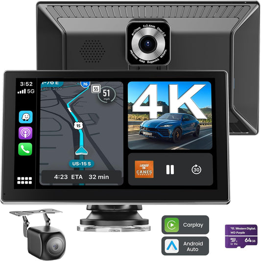 Portable CarPlay Screen for Car, 9'' Wireless Apple CarPlay & Android Auto Screen for Car, 4K Dash Cam, 1080P Backup Camera, GPS Navigation/Bluetooth/FM/Siri Voice Control for All Vehicles