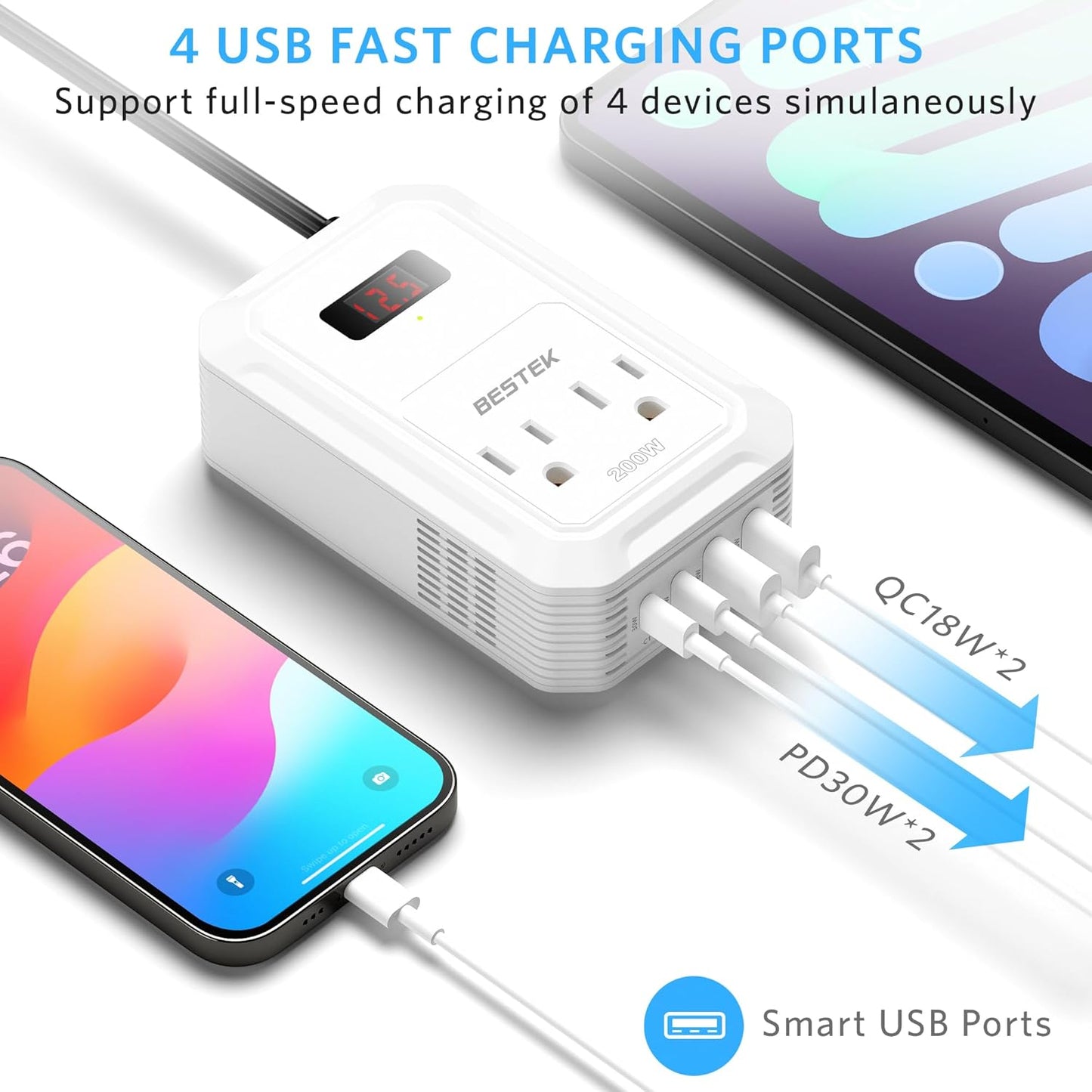 BESTEK 200W Car Power Inverter - DC 12V to 110V AC Converter with 2 USB-C(30W) and 2 USB-QC(18W) - Fast Car Charger Adapter with LCD Screen, Dual AC Adapter for Laptops