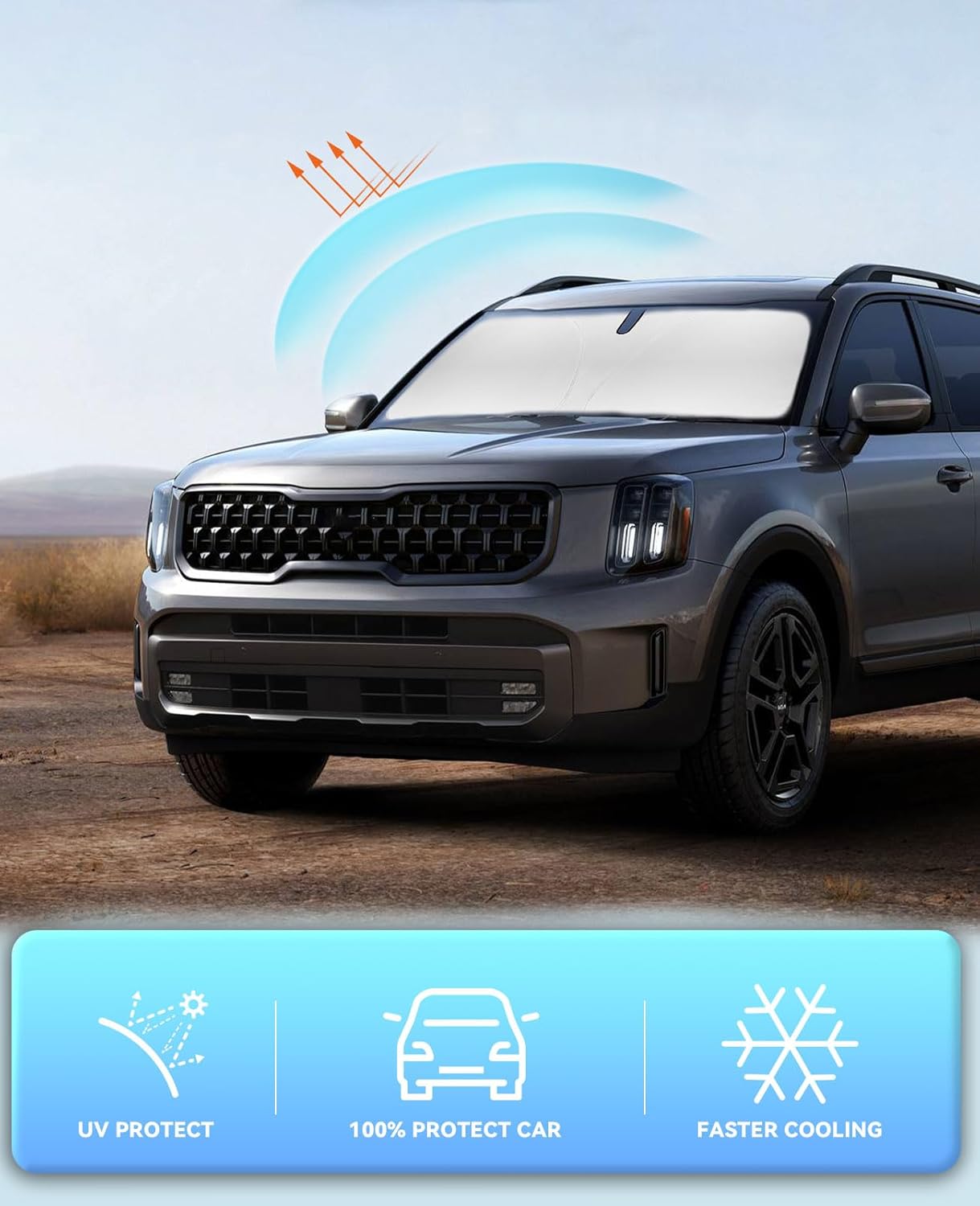 Car Sun Shade Windshield Sunshade for Kia Telluride 2020-2023 2024 2025 Front Window Sun Shields Custom fit Telluride Sunscreen Double Layers 240T Refleactor Sun Visor Blocks UV