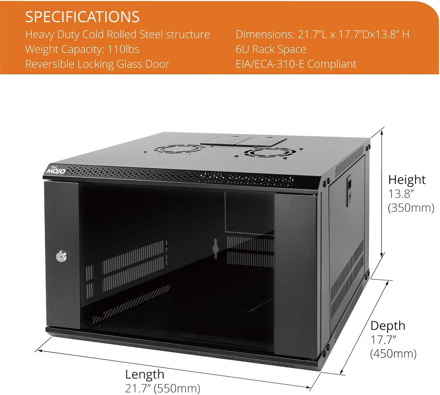 Tecmojo 6U Wall Mount Server Cabinet IT Network Rack Enclosure Lockable Door and Side Panels Black, Cooling Fan, Standard Glass Door, 450mm Depth, for 19” IT Equipment, A/V Devices