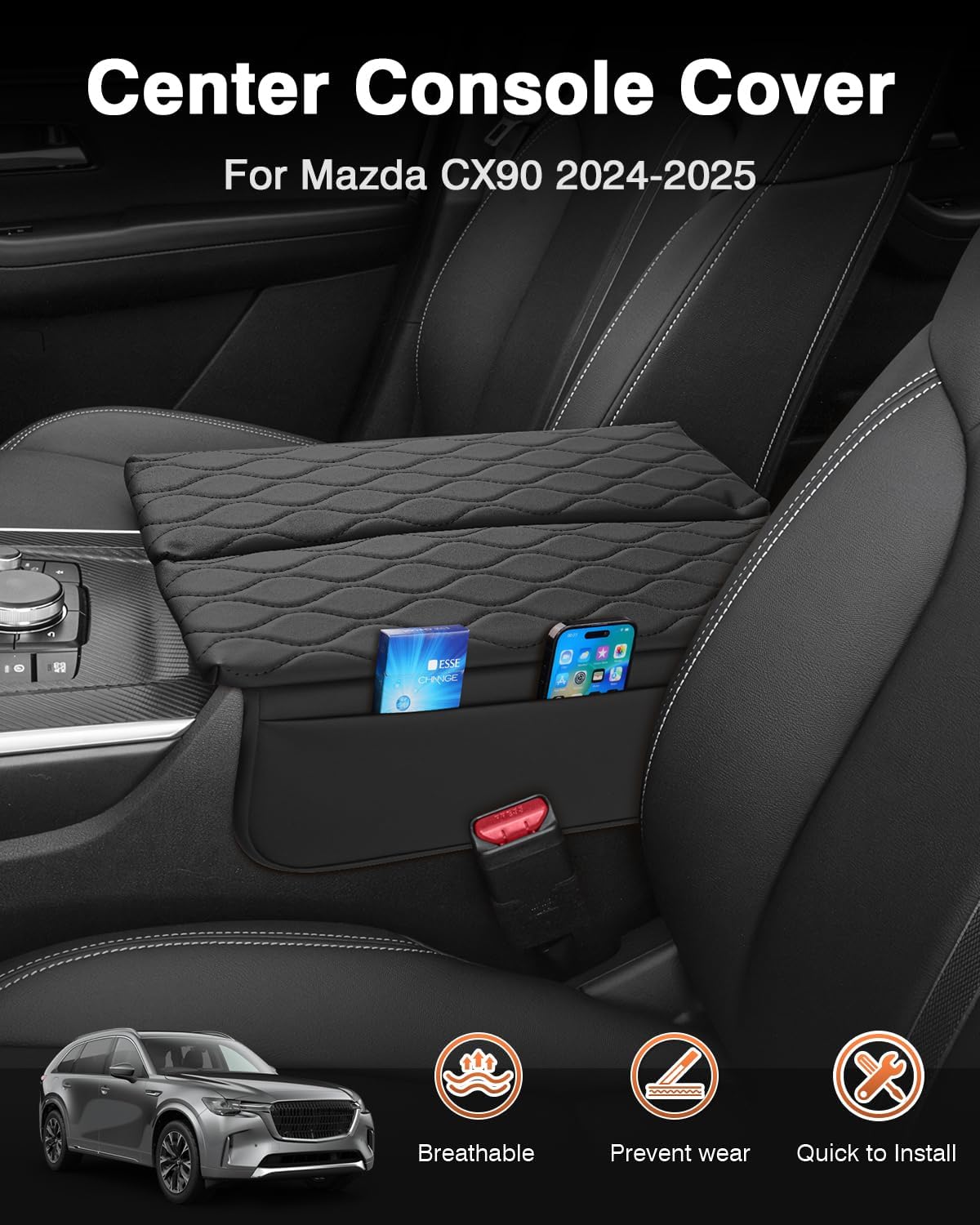 Shademax Custom for 2026 2025 2024 Mazda CX90 Center Console Cover Armrest Cover for Mazda CX-90 Accessories Arm Rest Cushion Pad Leather Middle Console Cover Armrest Seat Box Protector Anti-Scratch