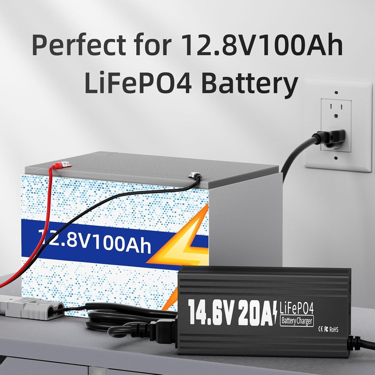12V 20A Lithium Battery Charger, 14.6V LiFePO4 Battery Charger AC-DC Fast and Smart Charger with Anderson Connector Led Indicator for Lithium LiFePO4 Deep Cycle Batteries of Home, Boat, RV
