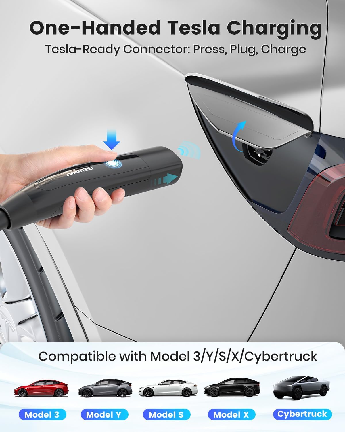 Level 2 EV Charger for Tesla, 24Amp 240V/25FT NEMA 10-30 Plug, 25FT Cable for Model S/3/X/Y, One-Touch Open Connector & Adjustable Current (10-24A) for Home/Garage Use, IP66 Waterproof