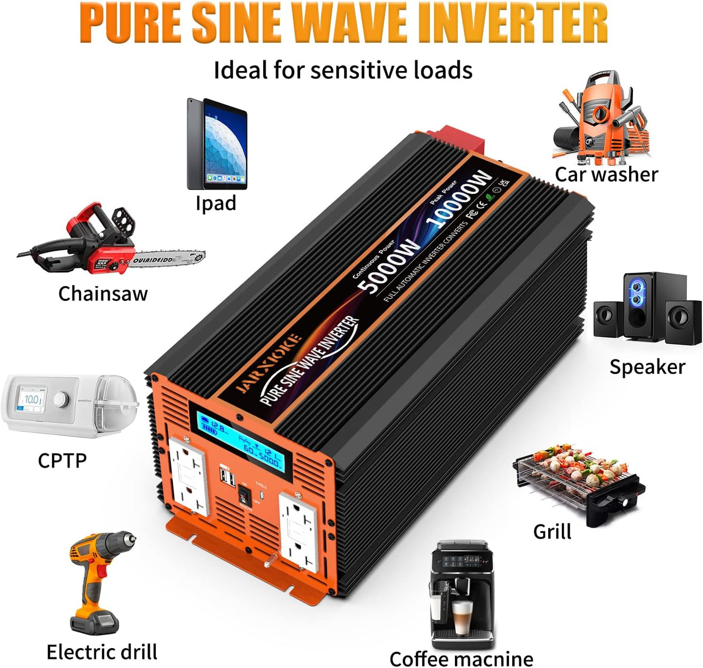 5000W Pure Sine Wave Power Inverter 12V DC to 110V 120V Converter for Family RV Off Grid Solar System Emergency Power Supply, Type-C Port 4 GFCI AC Outlet Dual USB Remote Control and LCD Display