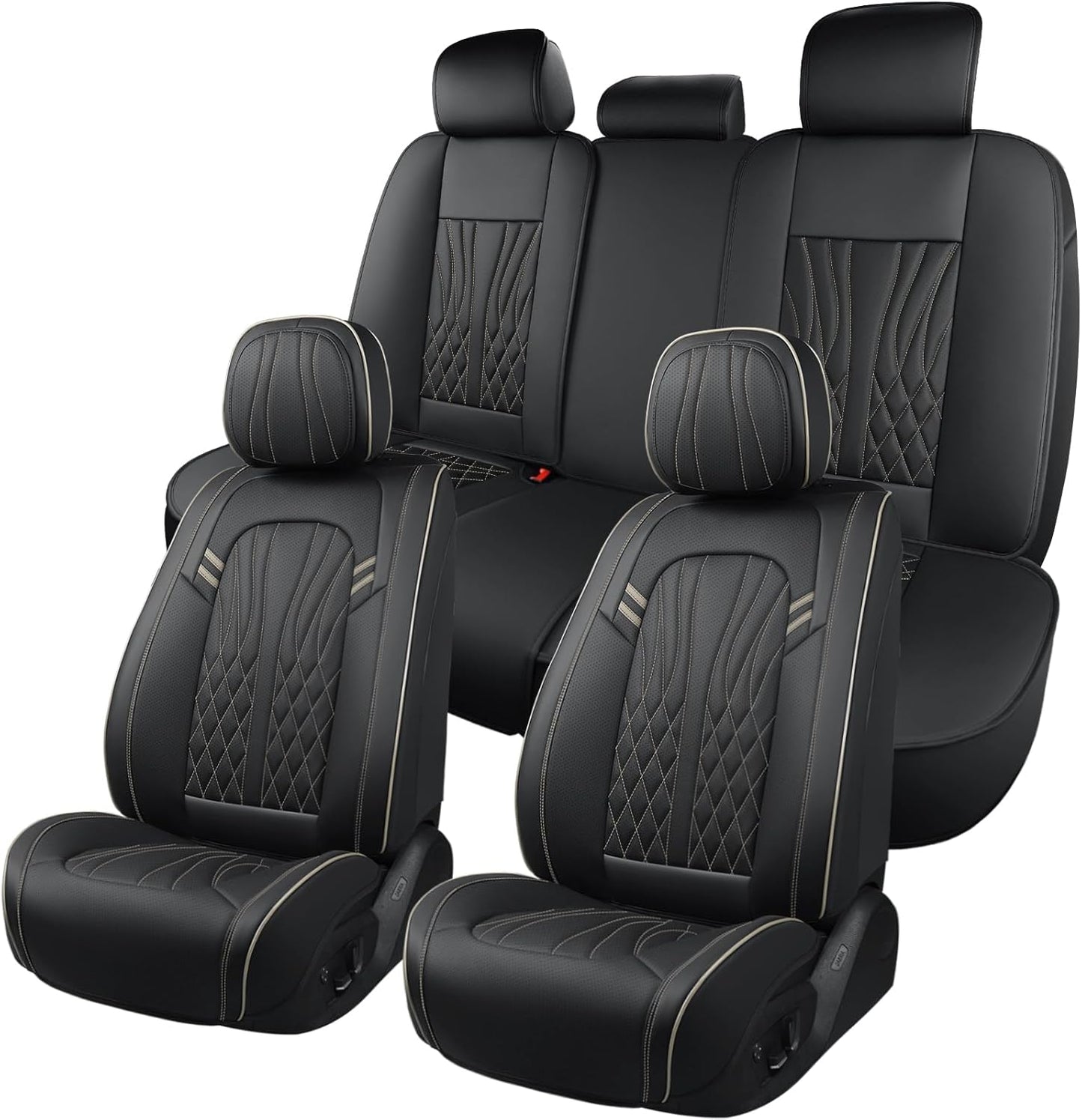 Leather Car Seat Covers 5 Pieces, Full Set Universal Seat Covers for Cars, Waterproof Nappa Leather Auto Seat Protectors, Black Car Seat Cover Most Sedans SUV Pick-up Truck Black&BeigeLine