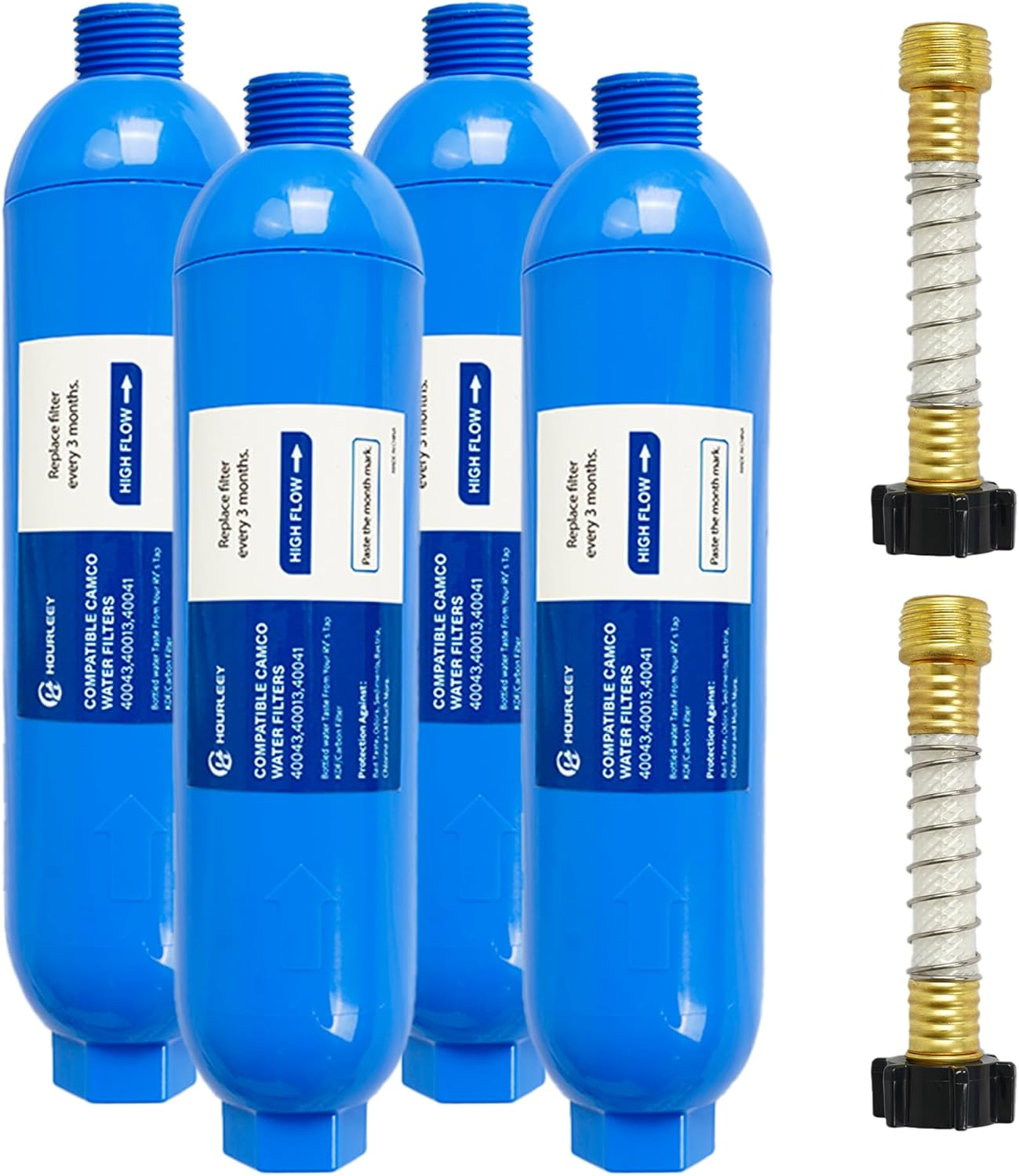 Hourleey 4 Pack RV Inline Water Filter with 2 Flexible Hose Protector, Reduce Bad Taste, Odors, Rust, Fluoride, Chlorine and Sediment in Drinking Water, Dedicated for RVs Campers Marines