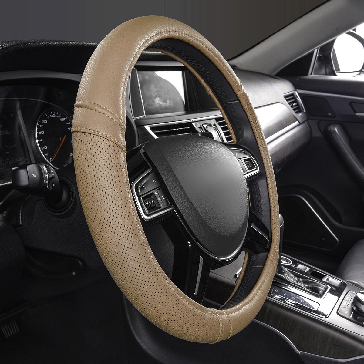 Car Pass Classical Leather Automotive Universal Steering Wheel Covers,Universal Fit for Suvs,Trucks,Sedans,Cars,Vans,14.5-15inch Anti-Slip Safety Comfortable Desgin(Beige)