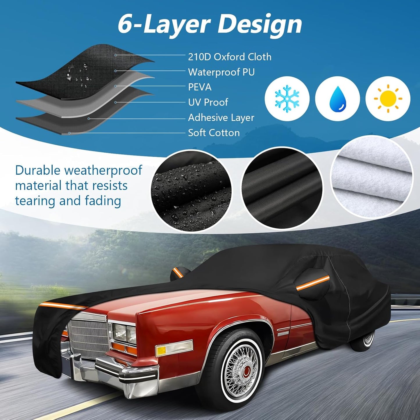 Car Cover for Cadillac Eldorado Biarritz/Brougham/Fleetwood/Convertible 1979-1991, Waterproof 210D Oxford Cloth and Cotton Cover Outdoor Car Cover with Zipper Windproof Heavy Duty All Weather