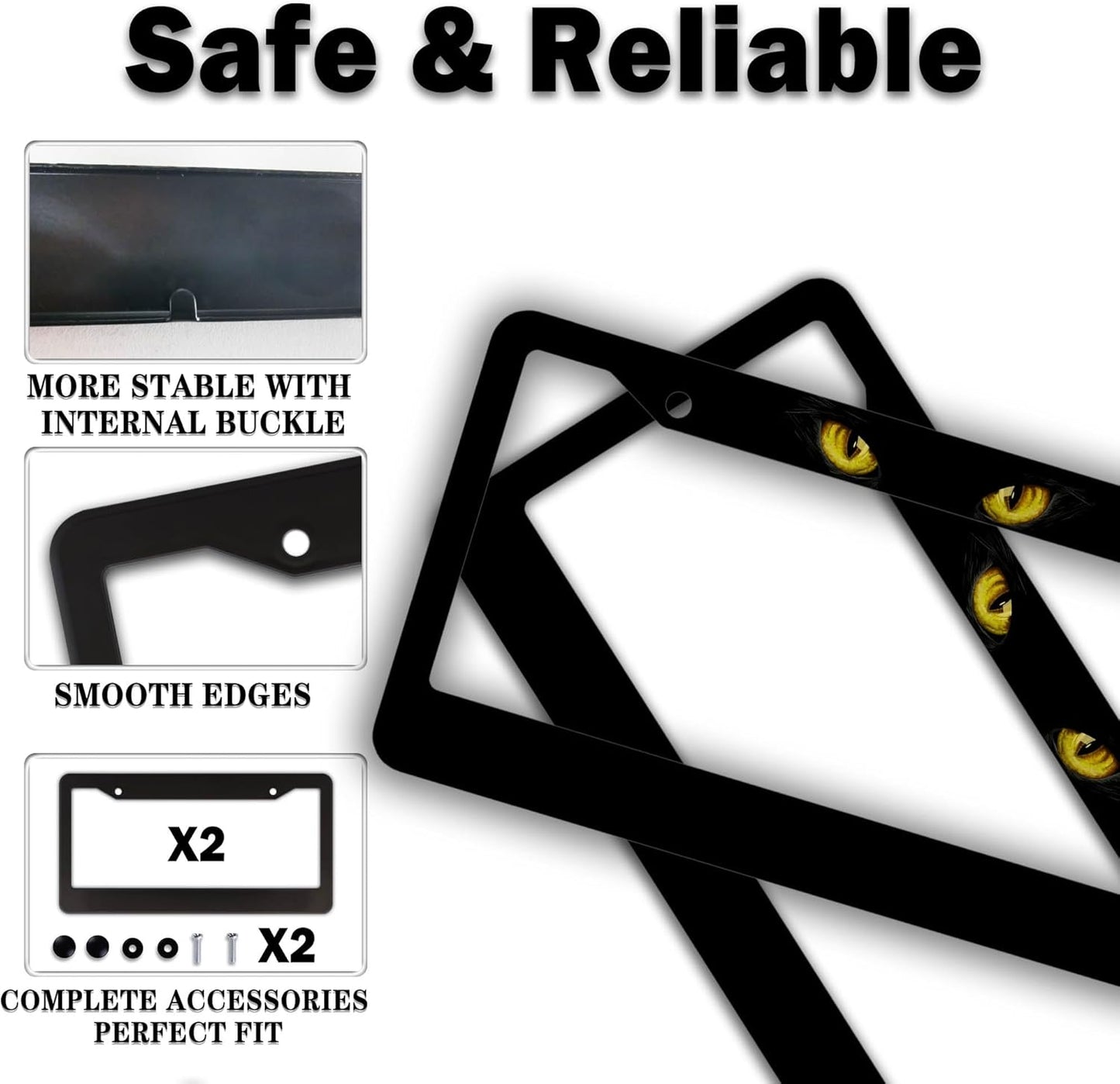 Car Plate Frame Black License Plate Frames Black Cat with Yellow Eyes Lover Universal Aluminum Car Accessory 2 Pack with Screw Covers Set
