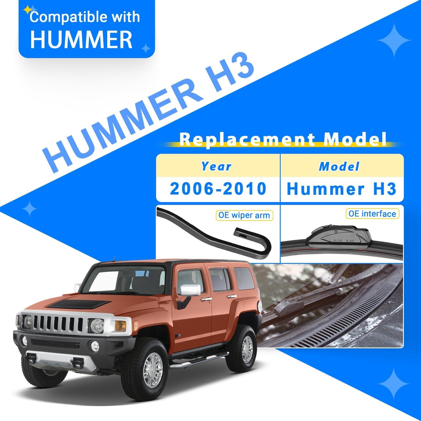 Windshield Wiper Blades Replacement for 2006 2007 2008 2009 2010 Hummer H3 Original Factory Quality Front Rear Wipers Blade Set for My Car - 17" 16" 10" (Pack of 3)