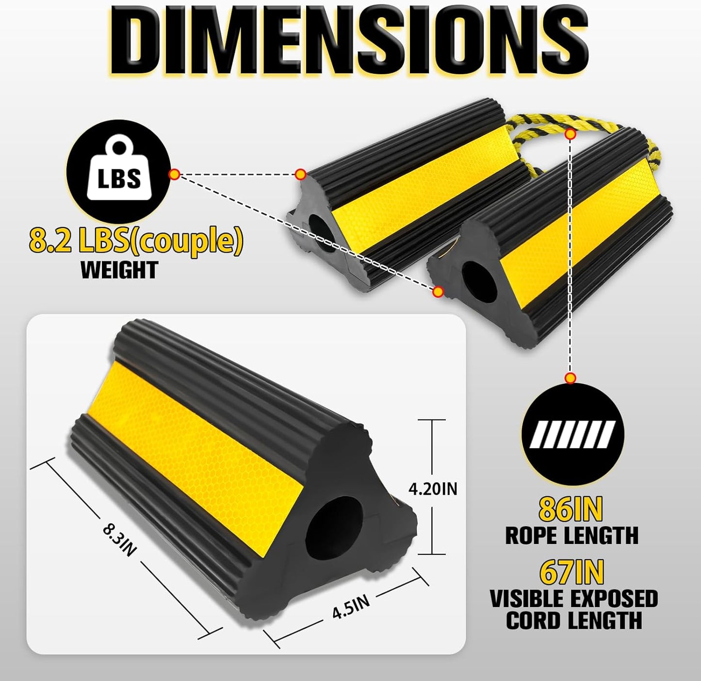 Heavy-Duty Wheel Chocks with Extra-Long Safety Rope (86") - 2-Pack Reflective Rubber Blocks for Trailers, Trucks, Campers & Garage Use (2pair/4pack with Rope)