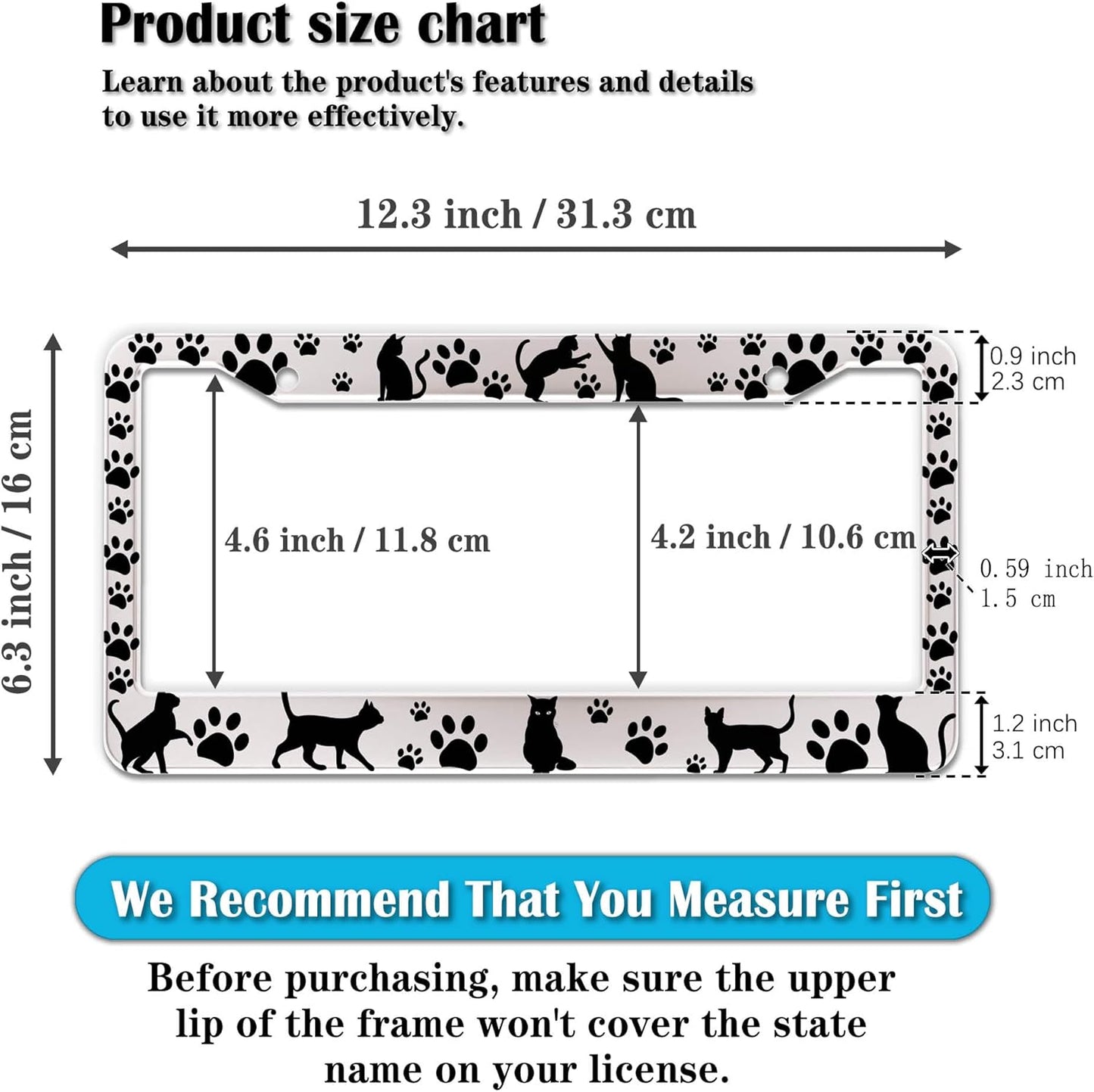 License Plate Frames Black and White License Plate Cover Kitty Cat Pawprints Aluminum Metal Car Accessory 2 Pack with Screw Covers Set