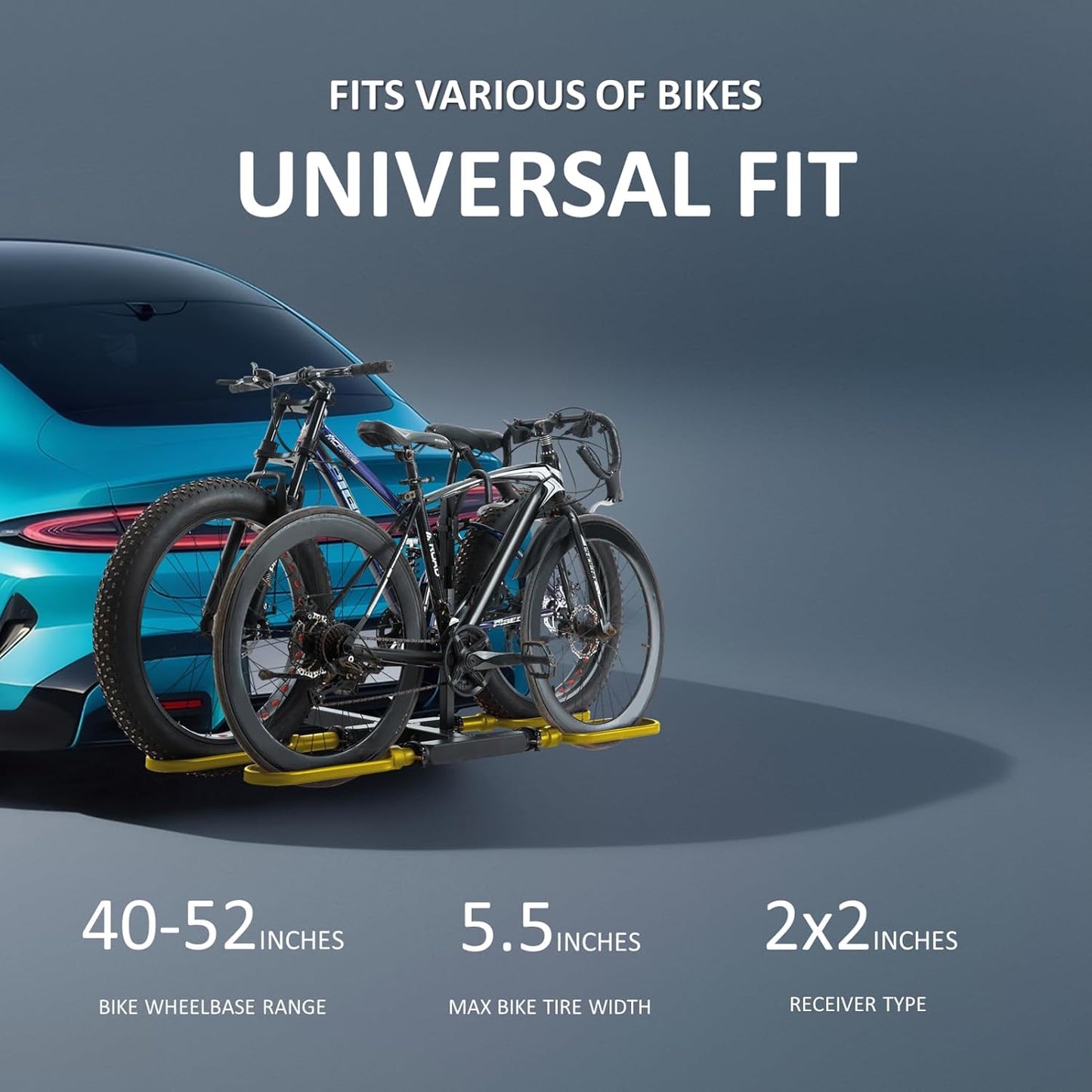 Trailer Hitch Bike Rack for Car 2 Bikes, E Bike Carrier Hitch Mount 2 Bike, Fat-Tire Ebike Rack for Tow Hitch, Fits 2" Receiver for SUV Truck Rv Van (2 Bike - 200 Lbs Cap - Golden)