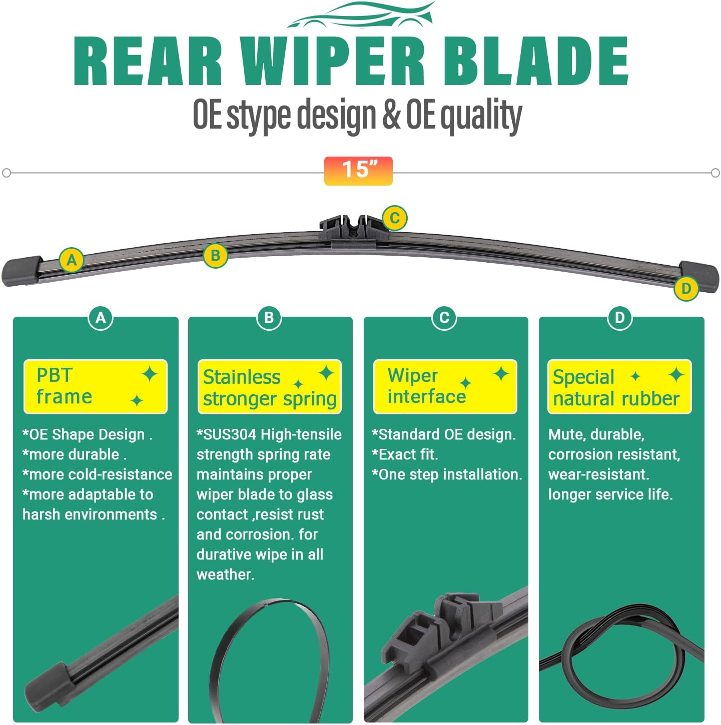 24" 20" 15" Windshield Wiper Blades Replacement for Volvo XC90 2016 2017 2018 2019 2020 2021 2022 Premium All Weather Front Rear Wipers Set - OEM Quality (Pack of 3)