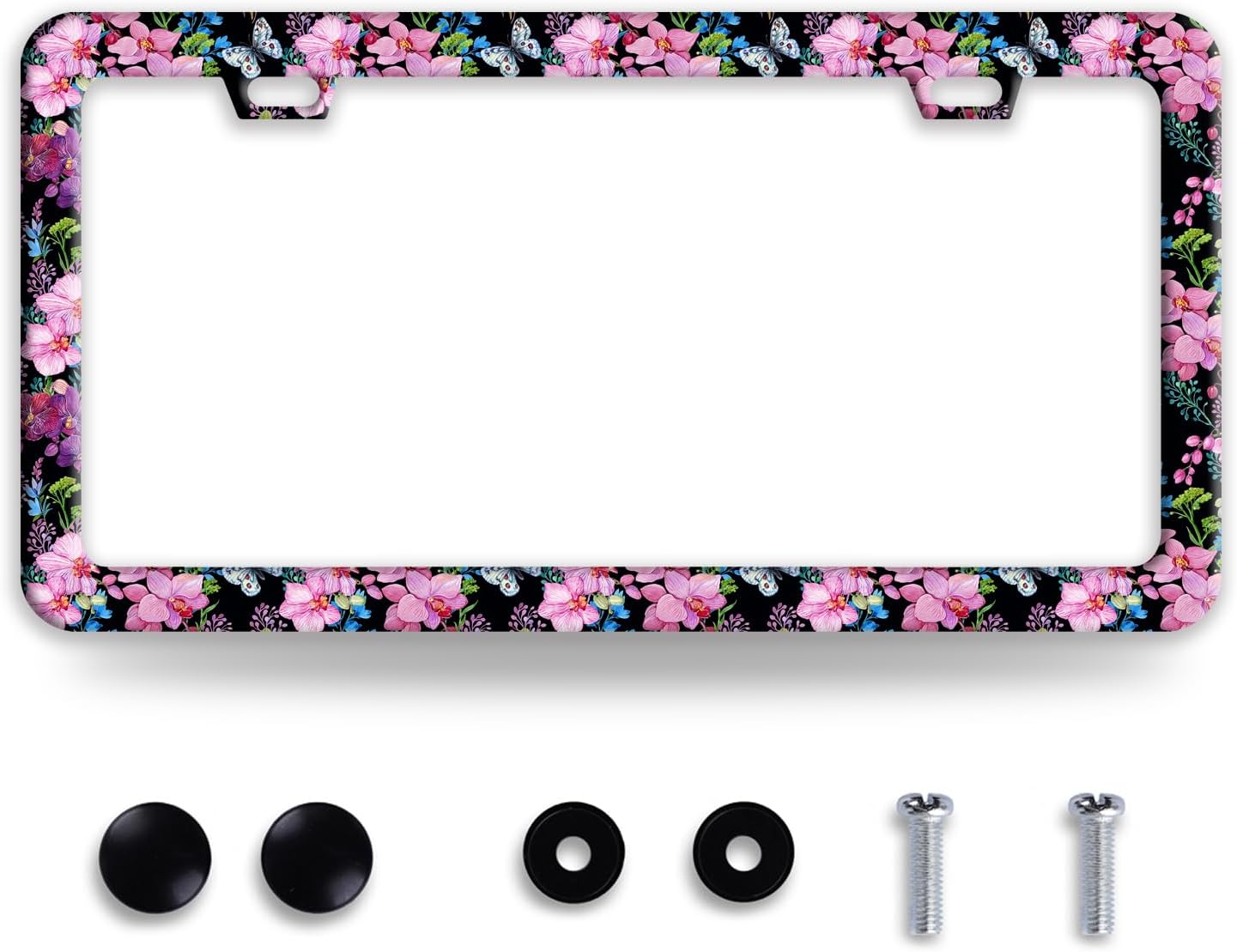 Cherry Blossom Butterfly License Plate Frame Funny License Plate Frames Stainless Steel Accessories Cars Decor with 2 Holes and Screws Fits Standard Us Ca Vehicles License Plate Holder 12.2 X 6 Inch