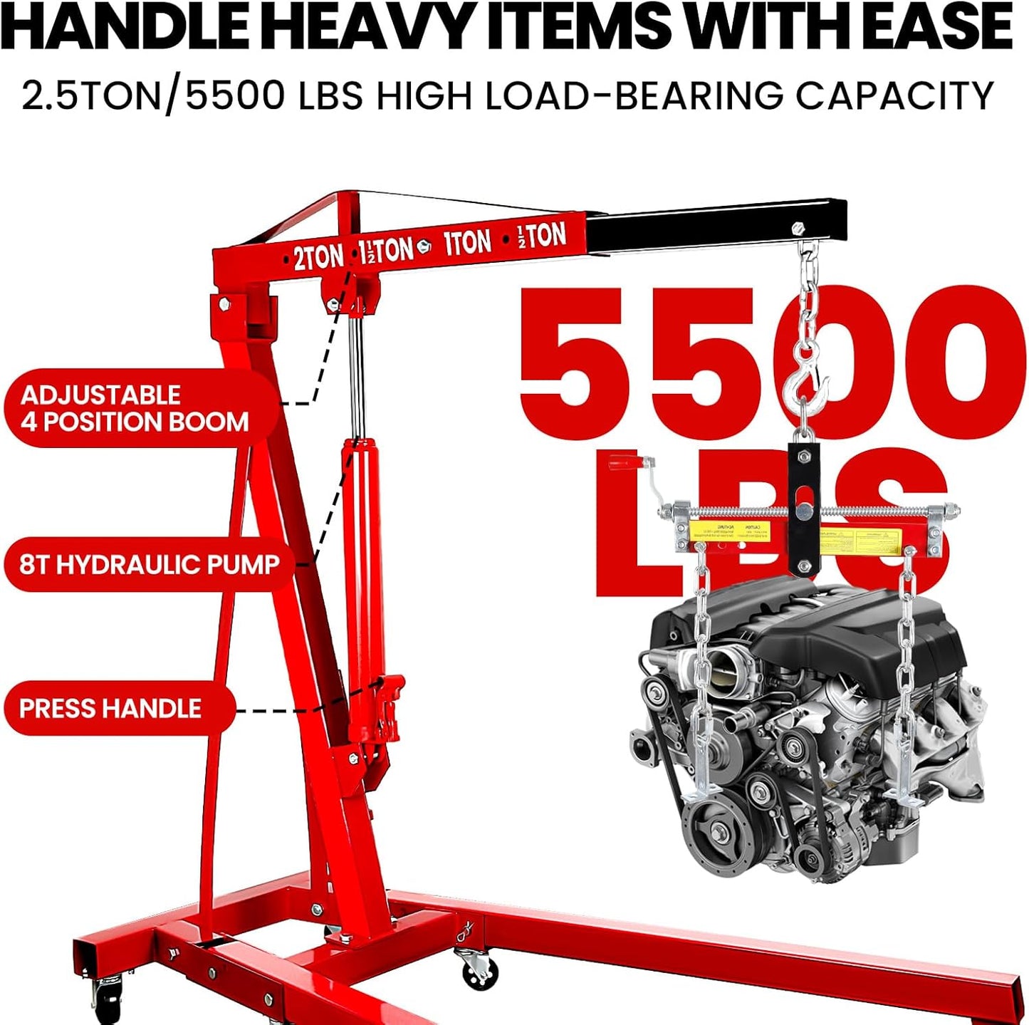 2.5 ton Engine Lift Cherry Picker with 8 ton Hydraulic Pump -5500 lbs Heavy Duty Engine Lift Crane 60.6x37x56.2, Foldable Design with 6 Swivel Wheels - for Mechanics, hobbyists and Home Users (Red)