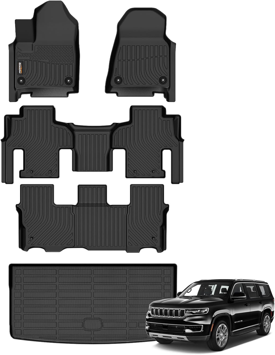 Binmotor-All Weather Car Floor Mats Cargo Liner for Jeep Wagoneer 2022-2025, 8 Passenger, TPE Rubber Liners for Jeep Wagoneer Accessories Cargo Trunk Mat-Black