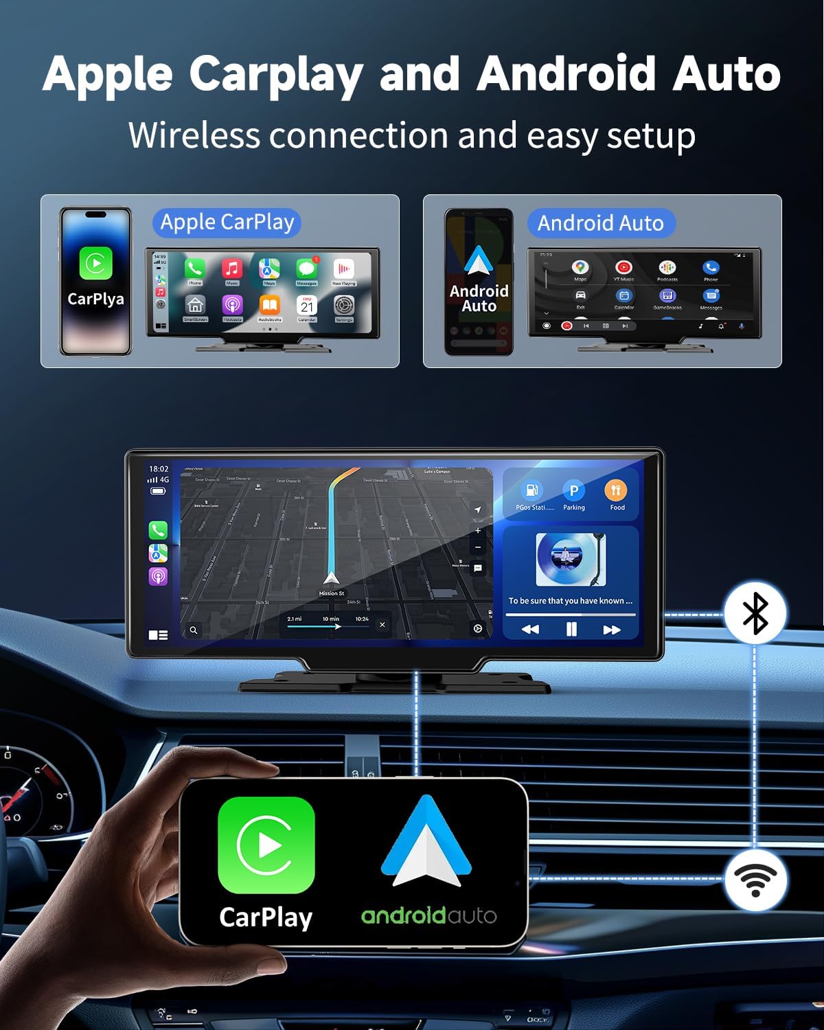 Portable Carplay Screen for Car - 10.26" Wireless Carplay & Android Auto Car Stereo, with 4K Dash Cam, Backup Camera, Bluetooth, GPS Navigation/Mirror Link/Voice Control/Bluetooth