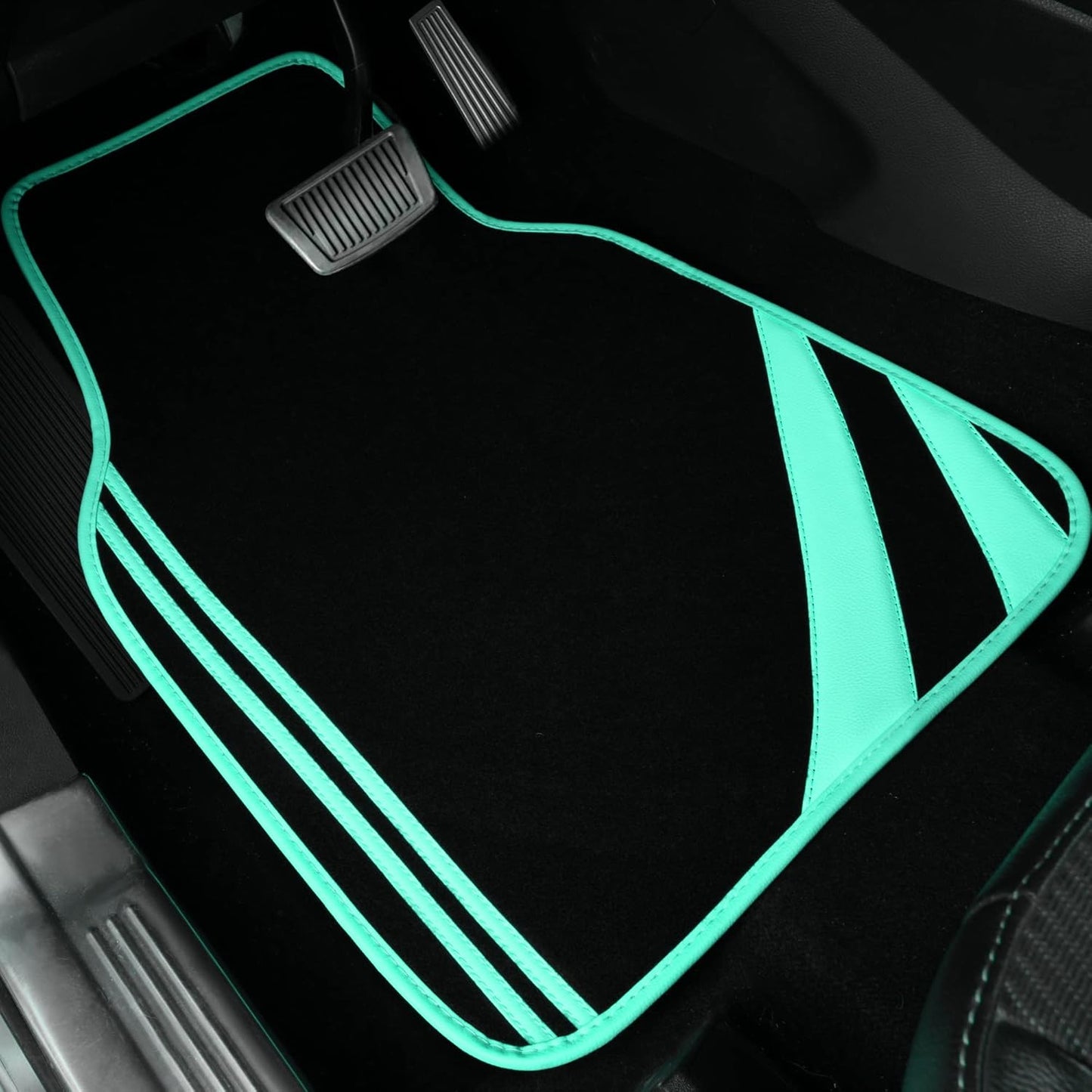 CAR PASS Mint Green Edge Leather Car Floor Mats, Universal Car Mats with Double Stitch Line and Anti-Slip Backing Design, for Cute Girly Women, Fit 95% Automotive,SUVs,Sedan,Vans (Black and Mint)