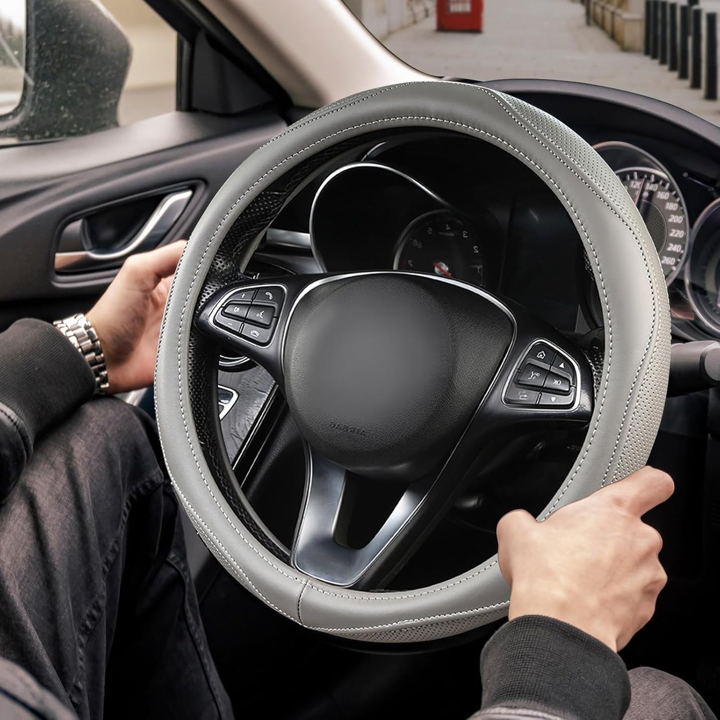 High-Grade Gray Genuine Leather Steering Wheel Cover for Men Women，Real Cowhide Leather Steering Wheel Cover for Cars,Universal 14.5-15 inch Steering Wheels