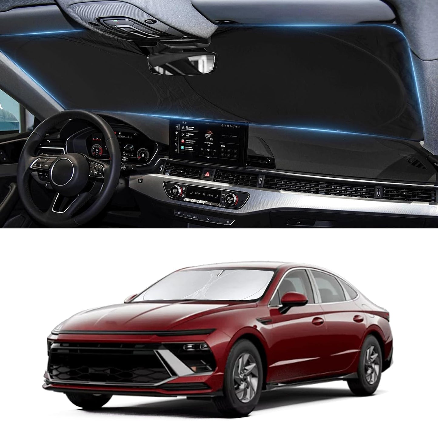 Custom Fit Sonata Windshield Sunshade for 2020-2024 2025 Hyundai Sonata Front Window Retractable Shades Cover for Windshield Sun Visor Protector 210T Reflector Blocks UV Rays Cooler Car Accessories