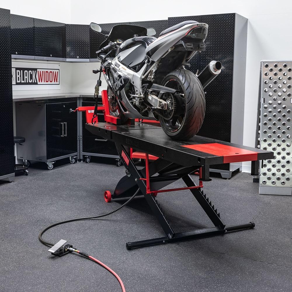 Black Widow BW-PROLIFT-HD Pneumatic ProLift Motorcycle Scissor Lift Table - 1,500 lb. Maximum Capacity and 31.25" Maximum Lift Height - Platform Measures 105" L x 24" W x 31.25" H