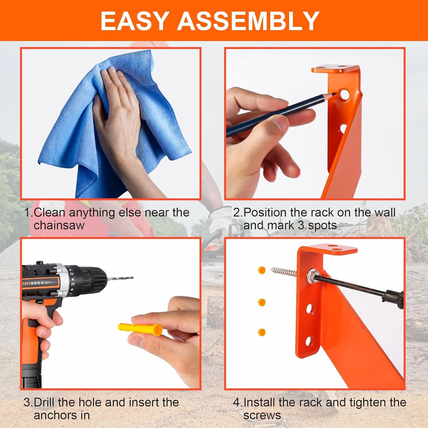 3 in 1 Chainsaw Holder 10" - Heavy Duty Chainsaw Wall Mount, 10 Gauge Steel Chain Saw Hanger for Garage Organization, Hefty Rack Storage Organizer for Chainsaw Accessories and Tools, 180 Lbs Capacity